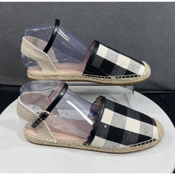 Kate Spade Bonnie Espadrilles Flats Ankle Strap Black White Check Women Size 9 - Picture 12 of 15